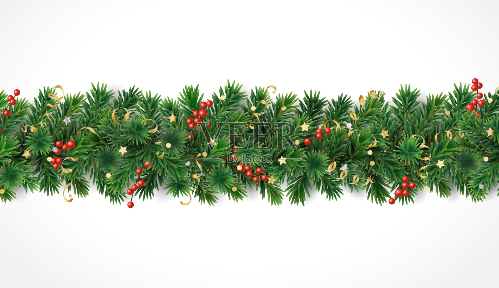 圣诞背景与松树花环孤立在白色。红冬青浆果和金色五彩纸屑。插画图片素材