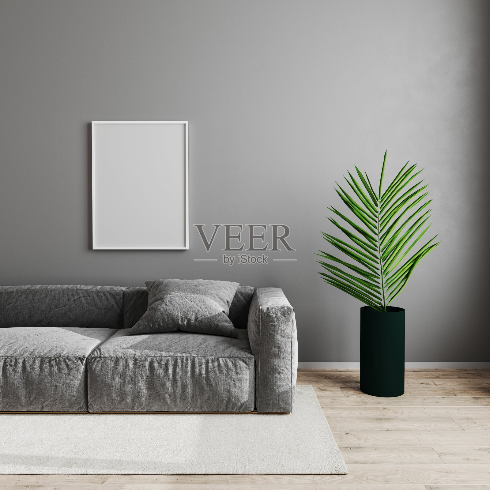 空白空白的白色海报框在现代客厅的室内背景，斯堪的纳维亚风格的客厅模拟灰色沙发和绿色植物在木质强化地板上，3d渲染照片摄影图片