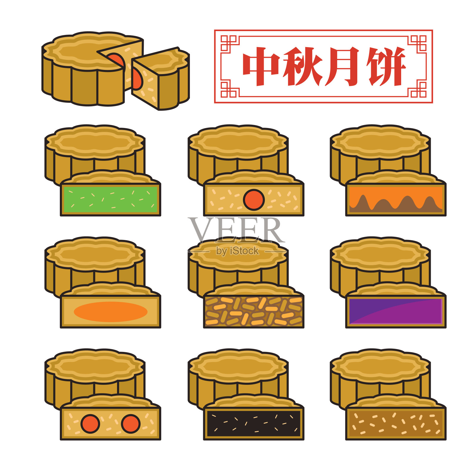 一套矢量月饼与不同的配料馅和味道。中文翻译:中秋节月饼设计元素图片