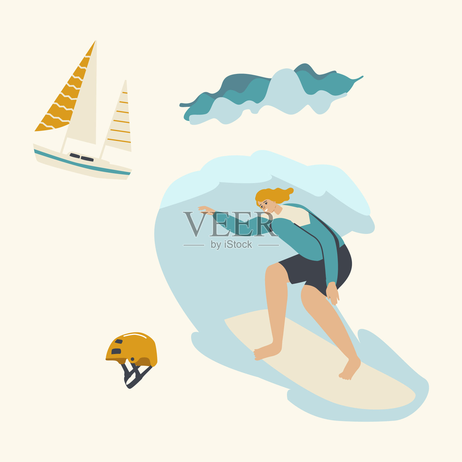 冲浪娱乐在海洋。穿着泳装的年轻女子冲浪者在船上乘风破浪。夏季活动插画图片素材