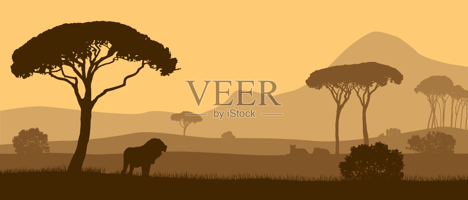 美丽的非洲大草原矢量景观与动物在日落。插画图片素材