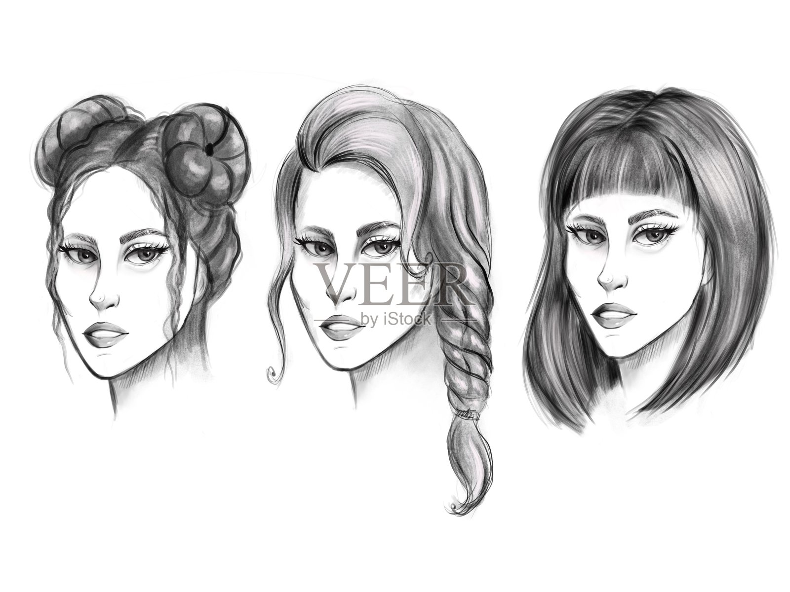 三个不同发型的女孩。黑白素描，数码艺术。插画图片素材