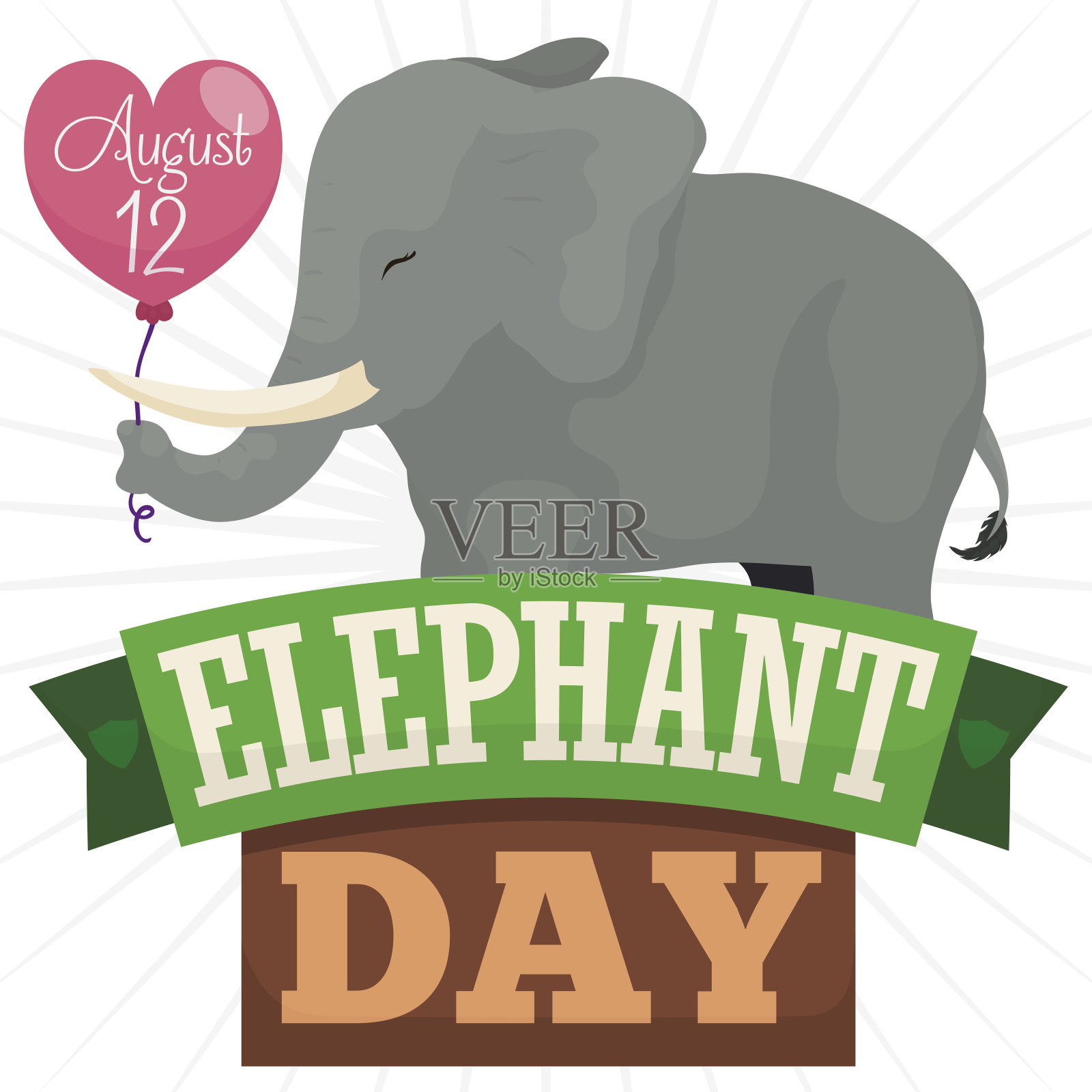 大象与一个心形气球和丝带庆祝它的日子插画图片素材