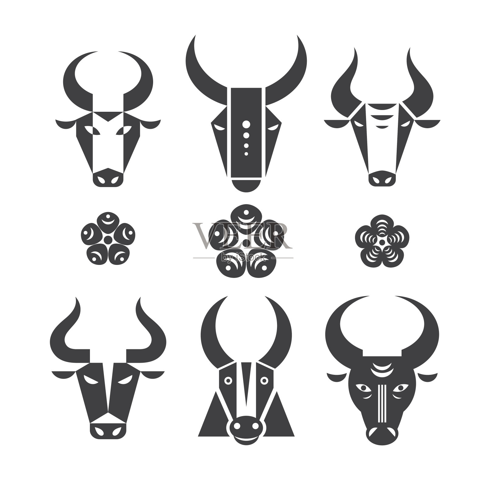 黑白公牛标志，标志或贴纸。中国的牛年。设计元素图片