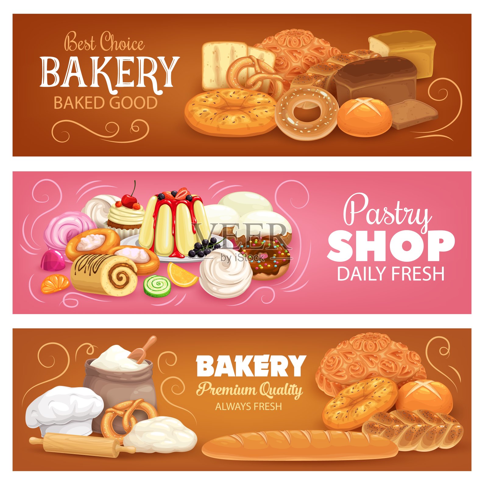 面包店的糕点和面包矢量横幅插画图片素材