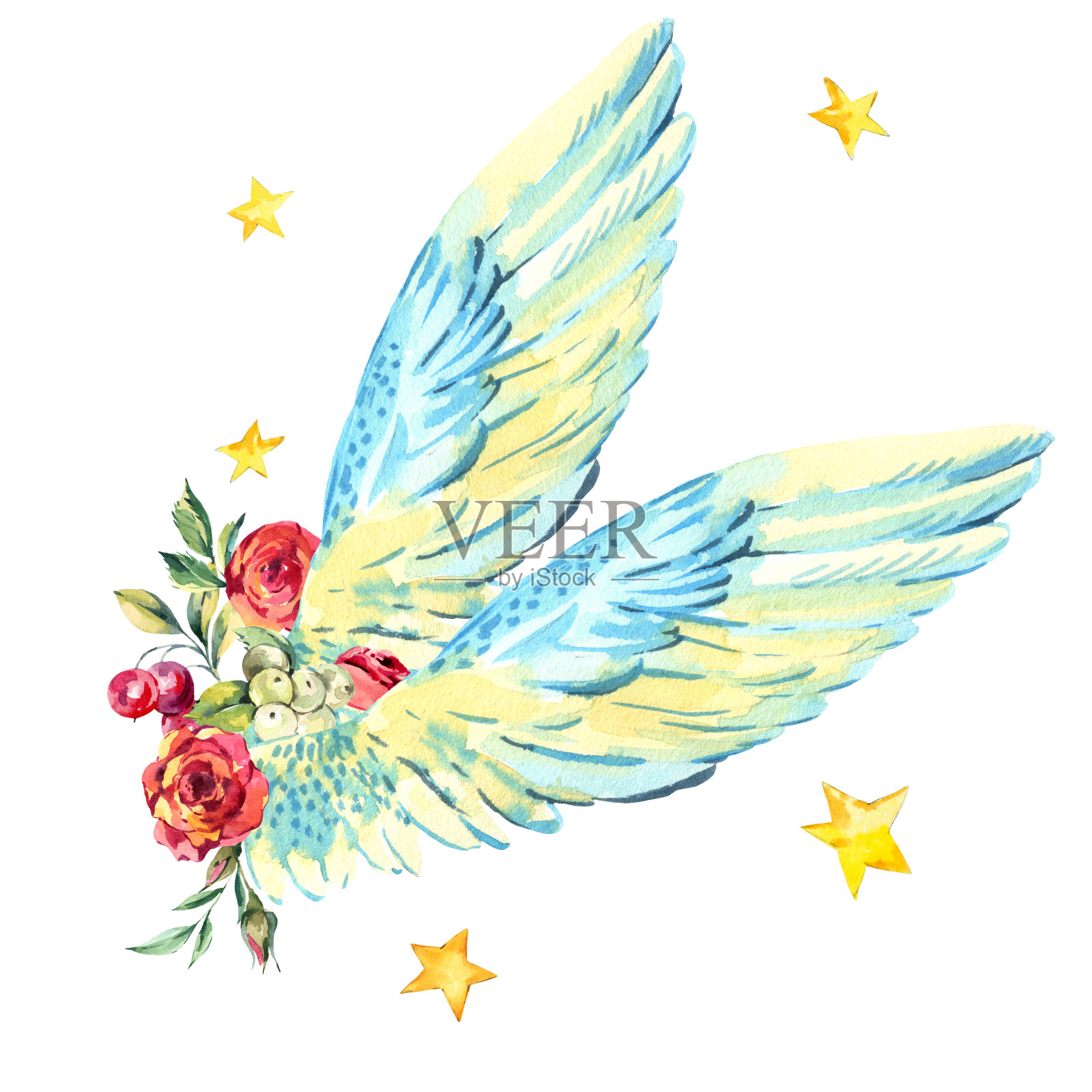 复古水彩花天使翅膀孤立在白色的背景插画图片素材