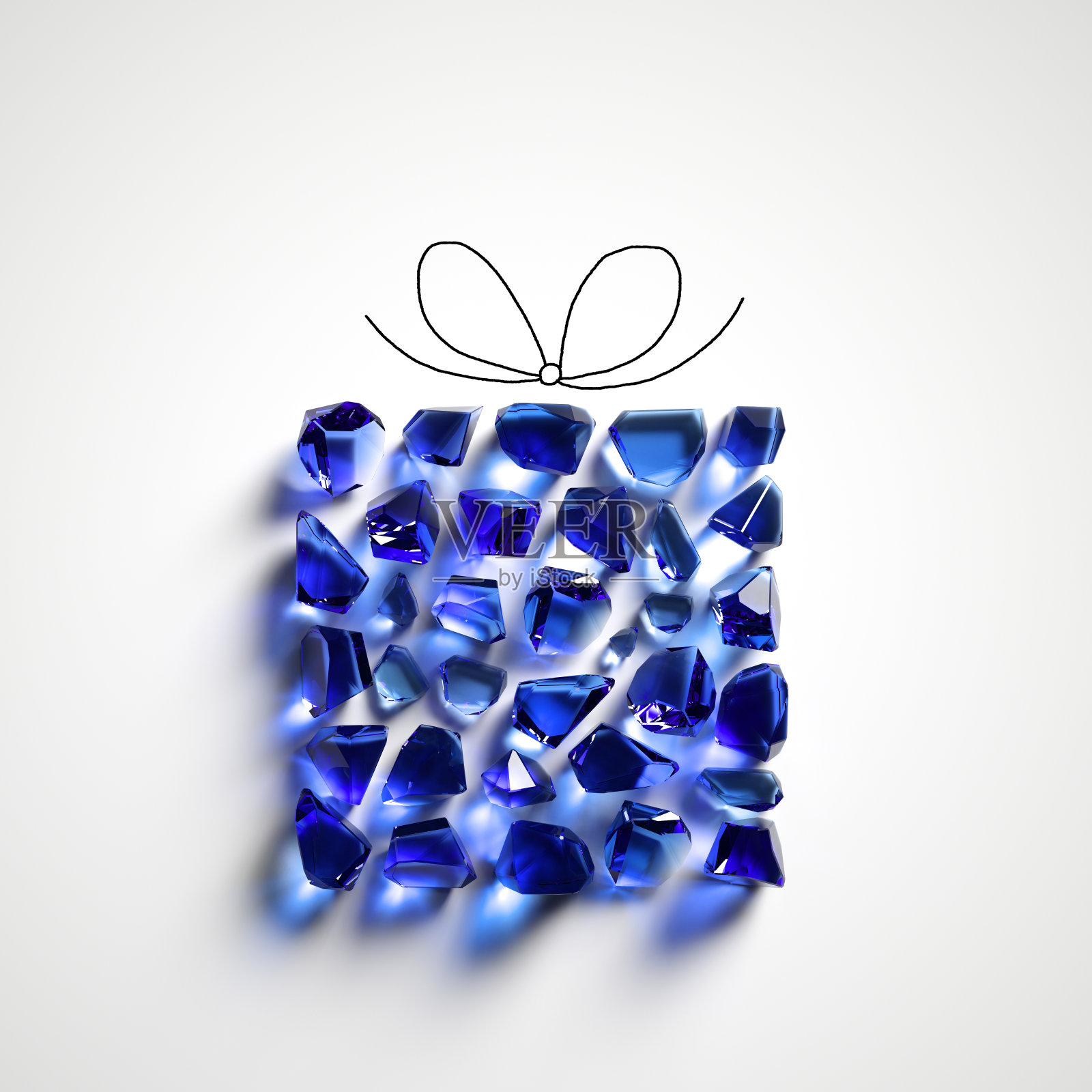 3d渲染，蓝色玻璃碎片，水晶碎片，蓝宝石宝石的形状的礼品盒。抽象节日剪辑艺术孤立在白色背景照片摄影图片