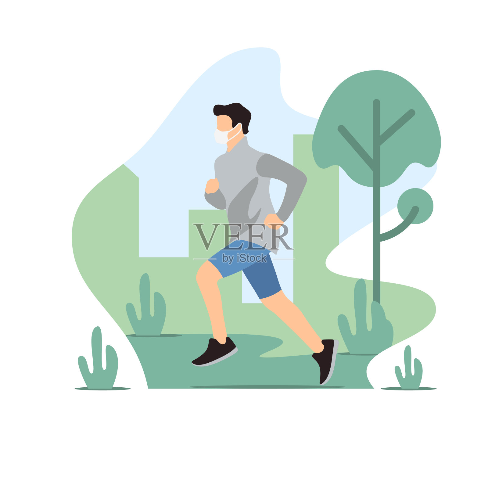 在新冠肺炎大流行新常态时期，一名男子戴着口罩跑步。插画图片素材