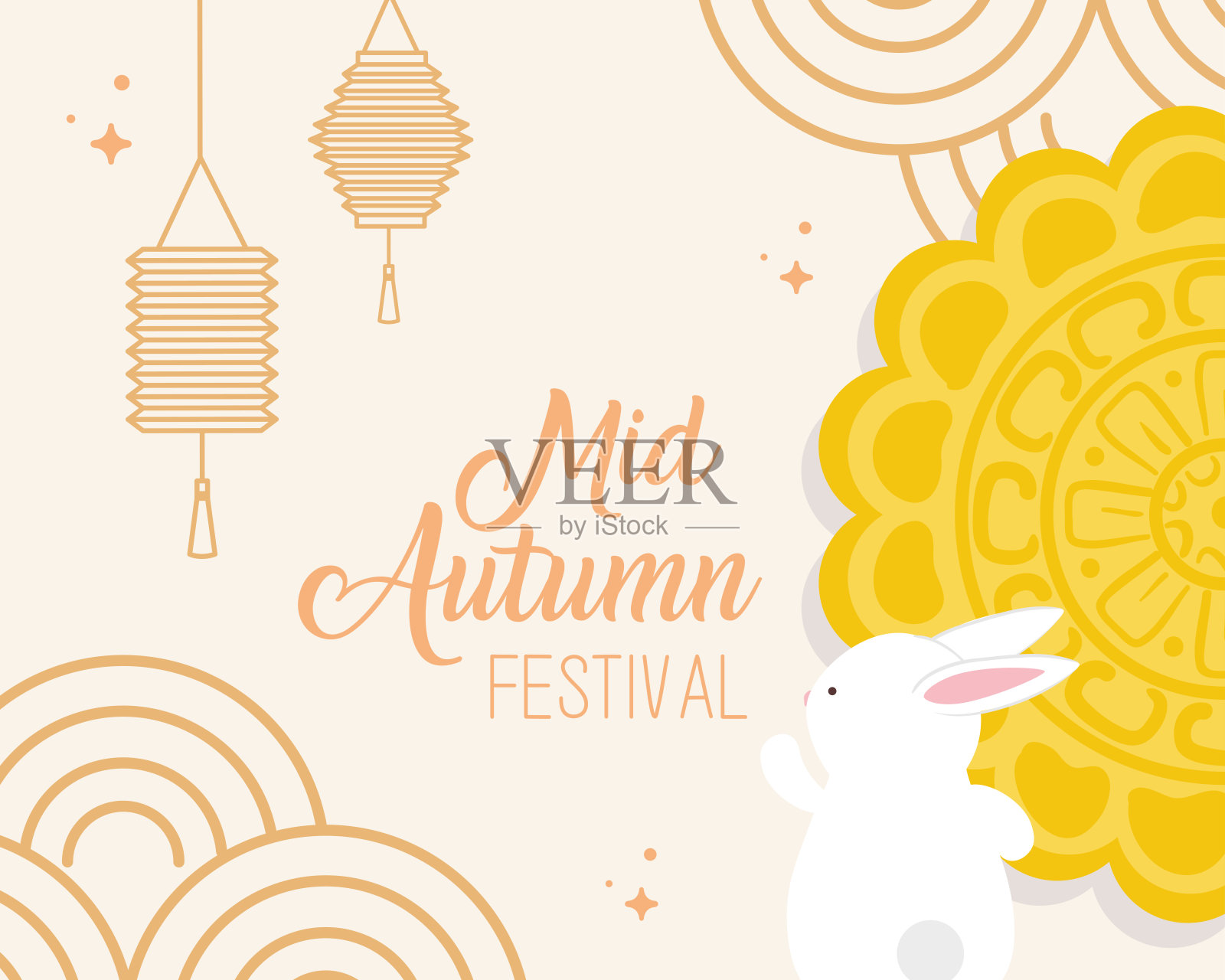 月饼用兔子和快乐的中秋节灯笼矢量设计插画图片素材