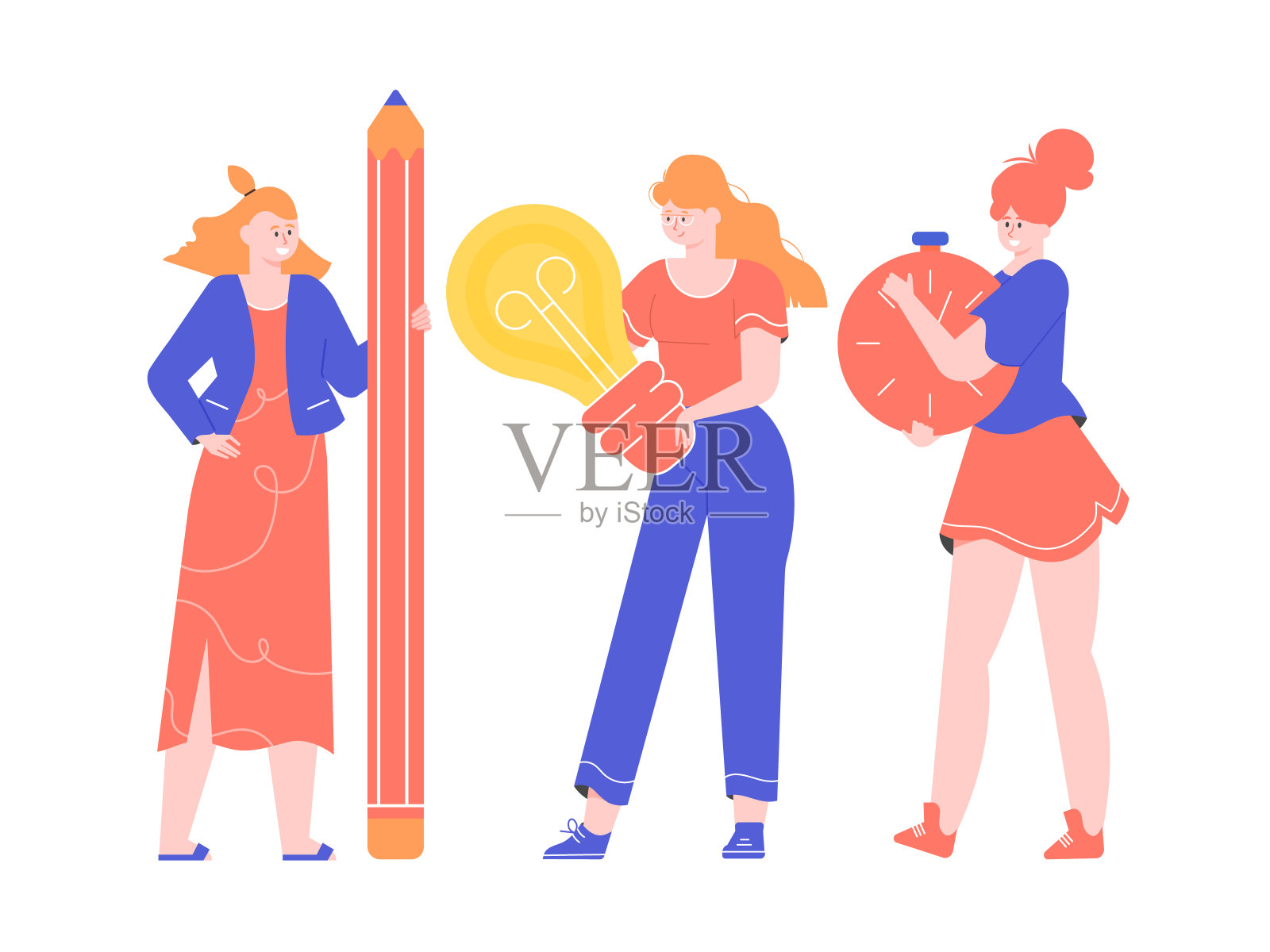 三个可爱的女孩性格和工作组织插画图片素材
