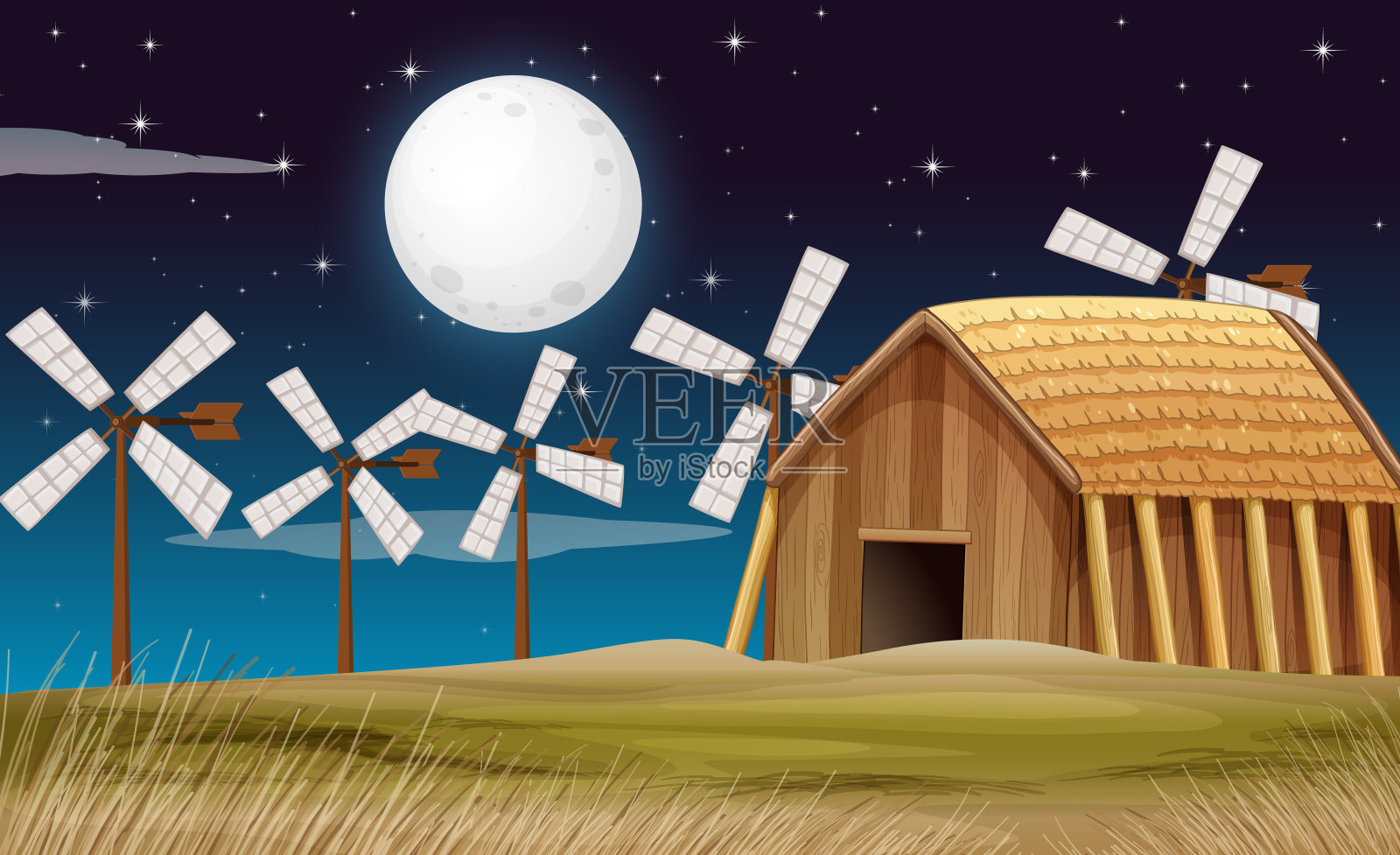 晚上有谷仓和磨坊的农场场景插画图片素材
