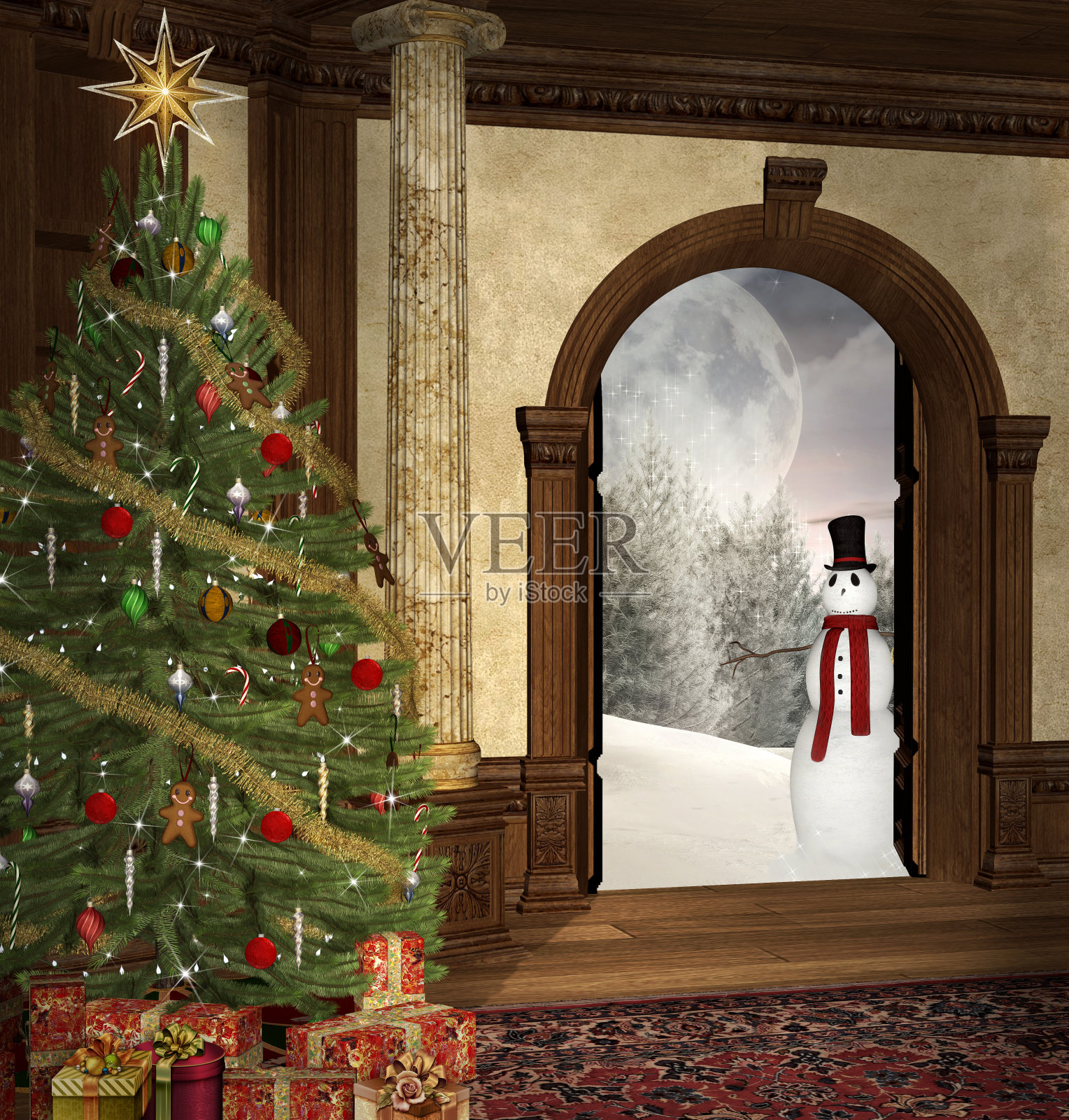 圣诞树和门口的圣诞风景照片摄影图片
