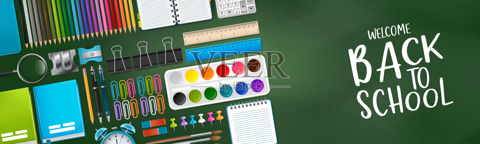 绿色学校董事会旗帜背景与色彩鲜艳的教育3d现实用品。设计广告，杂志，书籍，网站的标题。矢量插图。插画图片素材