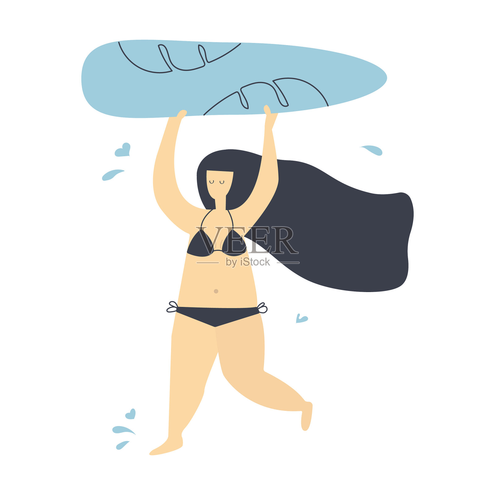 穿着比基尼的长发女子手持冲浪板。平面向量插图。夏天的概念。插画图片素材