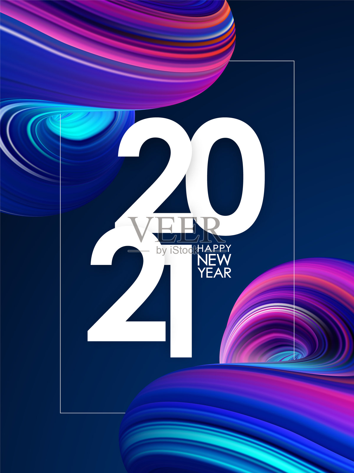 2021年新年快乐。问候海报与3D霓虹彩色抽象扭曲流体形状。时尚的设计设计模板素材