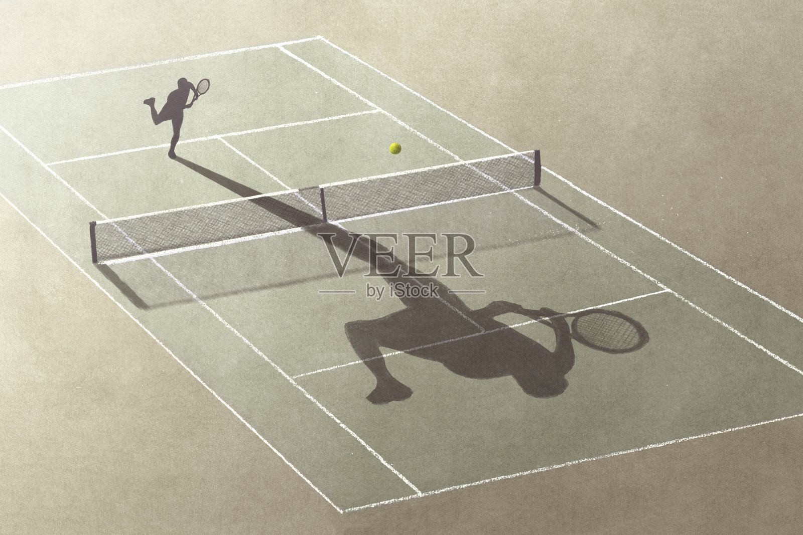 男人用他的影子打网球，超现实抽象的概念插画图片素材