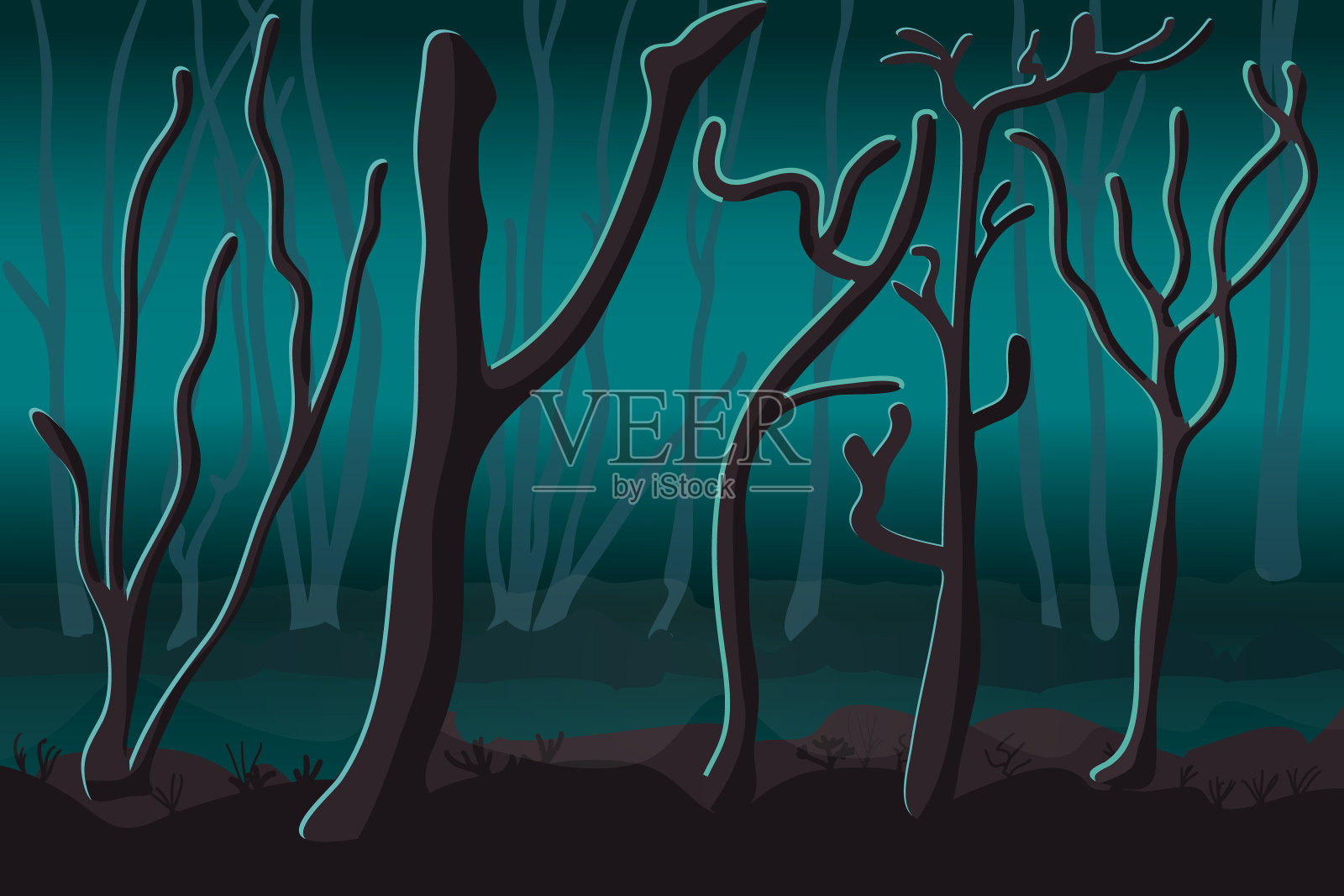 森林幽灵雾蒙蒙的。灯光下树木的剪影。插画图片素材