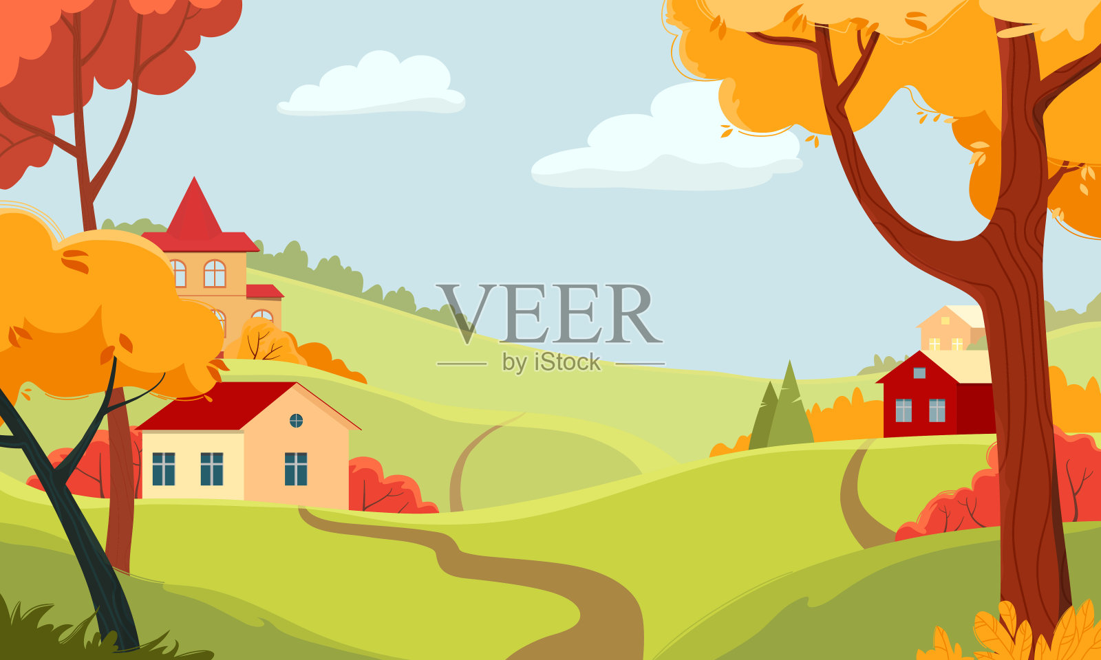 秋天的风景与村庄和彩色的树木。插画图片素材