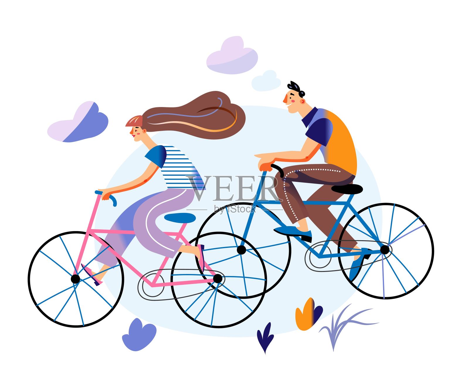 一对快乐的夫妇在城市里骑自行车。在公园里骑自行车的女人和男人。休闲和体育在自然矢量插图。夏季健康、活跃的休闲、交通插画图片素材