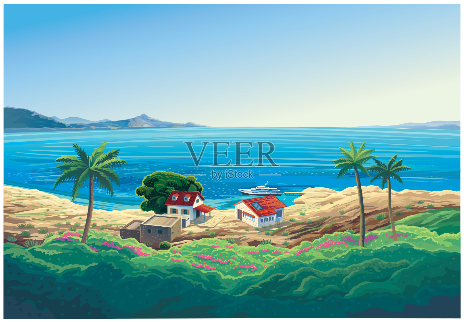 夏日海景和海边的房子插画图片素材