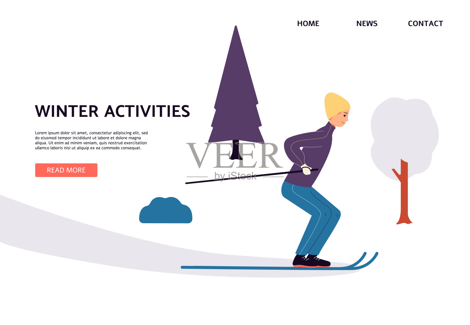 年轻人骑在冬季的滑雪板矢量网页设计插画图片素材