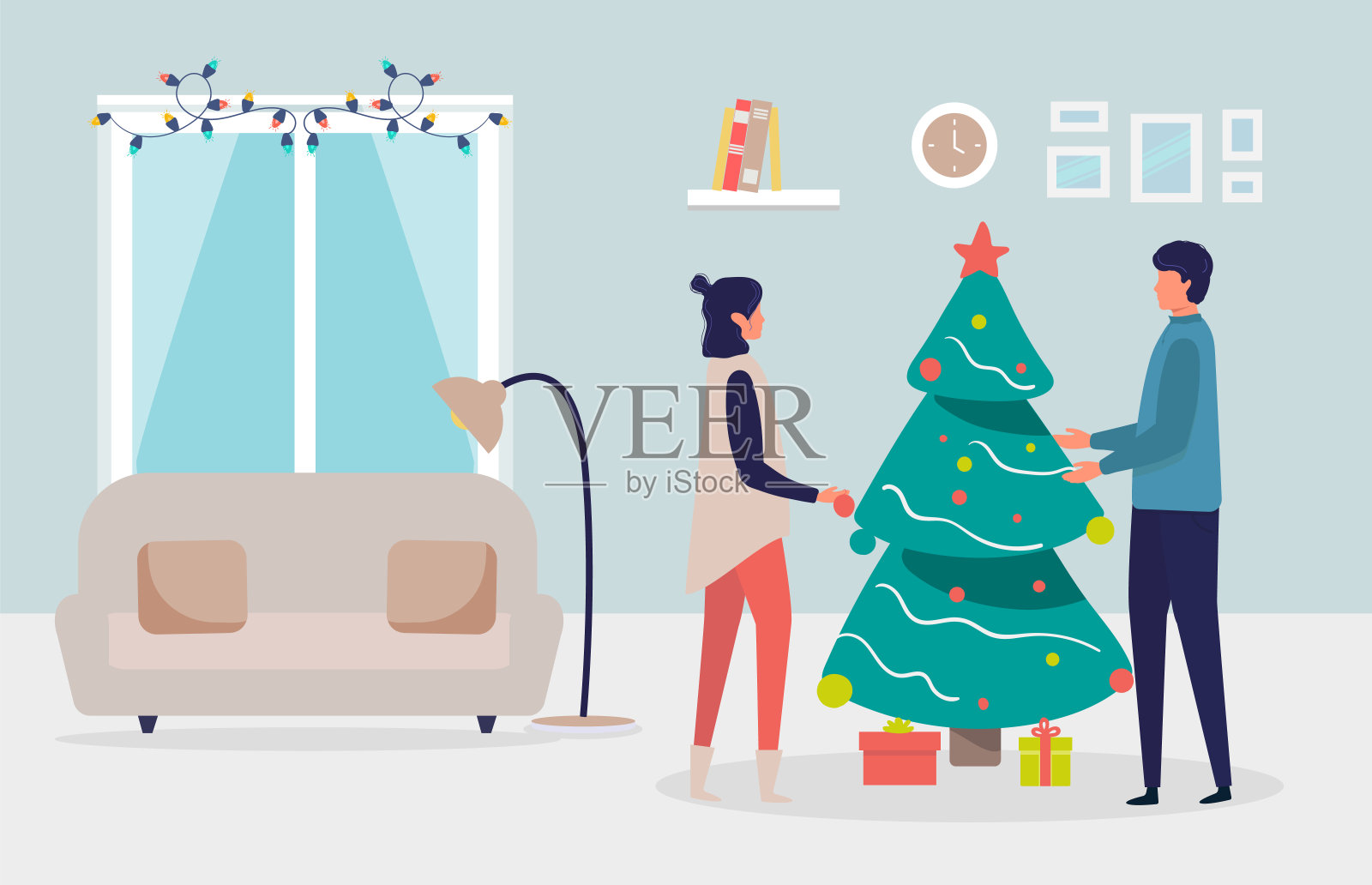 couple celebrate Christmas and new year holidays together and decorate the Christmas tree with balls in room. Winter family holidays concept. Flat vector illustration插画图片素材