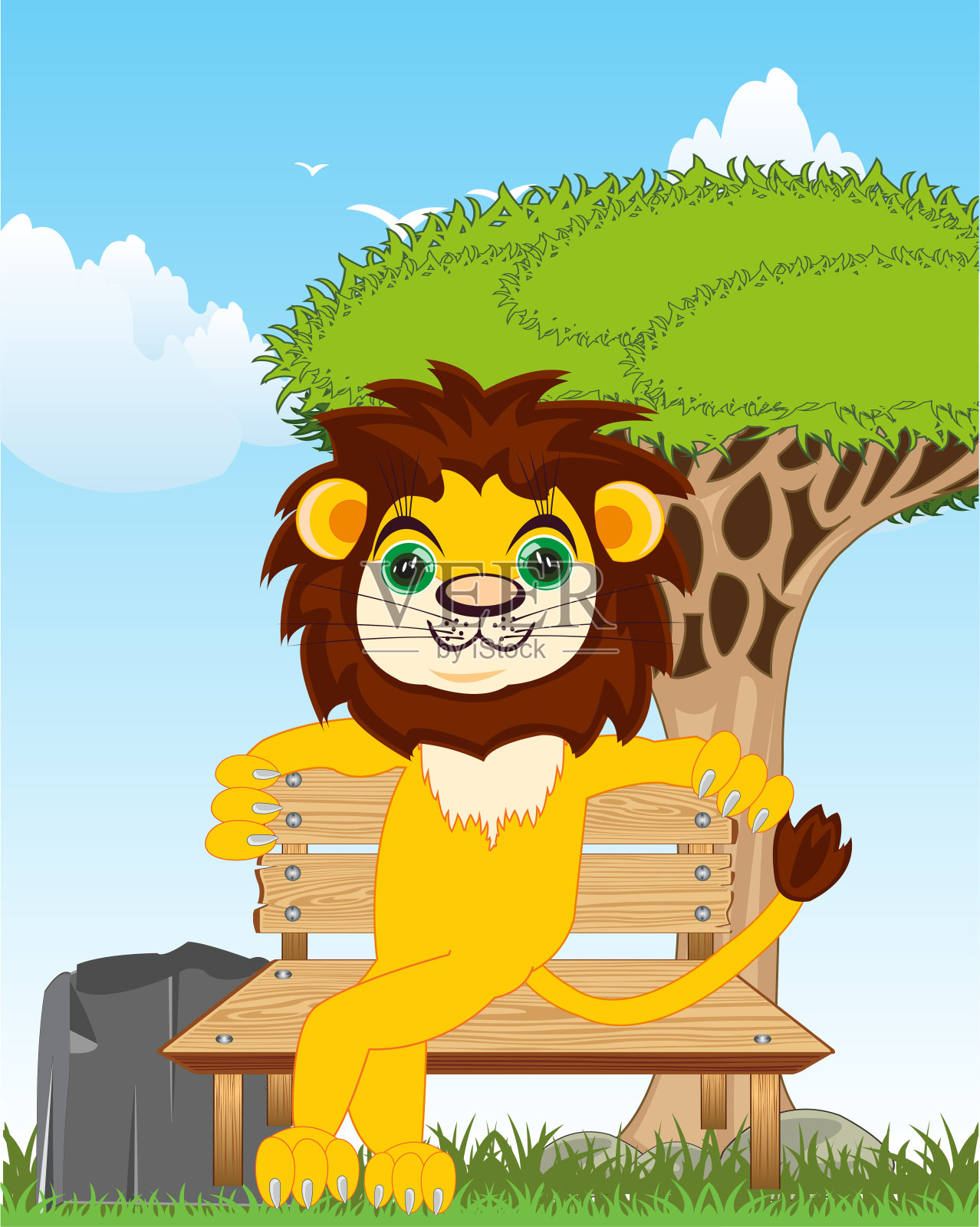 卡通动物狮子坐在大自然的长凳上插画图片素材