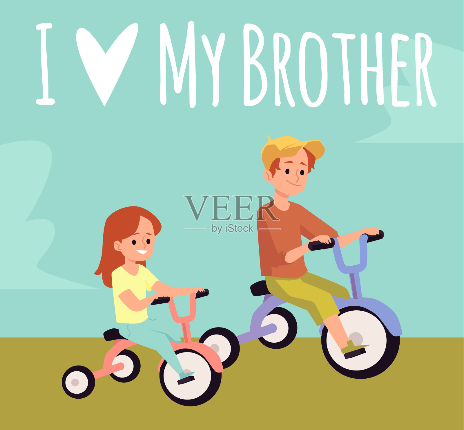 兄弟姐妹骑自行车-卡通卡片与小男孩和小女孩设计元素图片