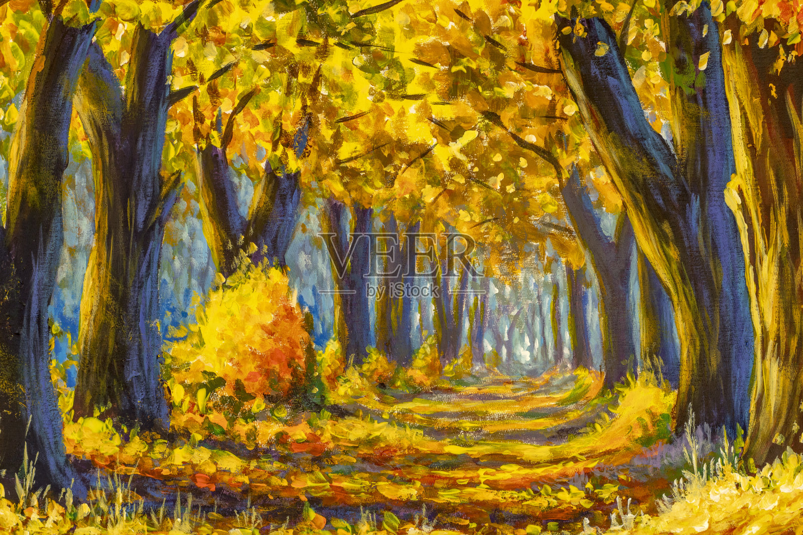路在秋林里，油画金秋树在公园胡同里自然景观t插画图片素材