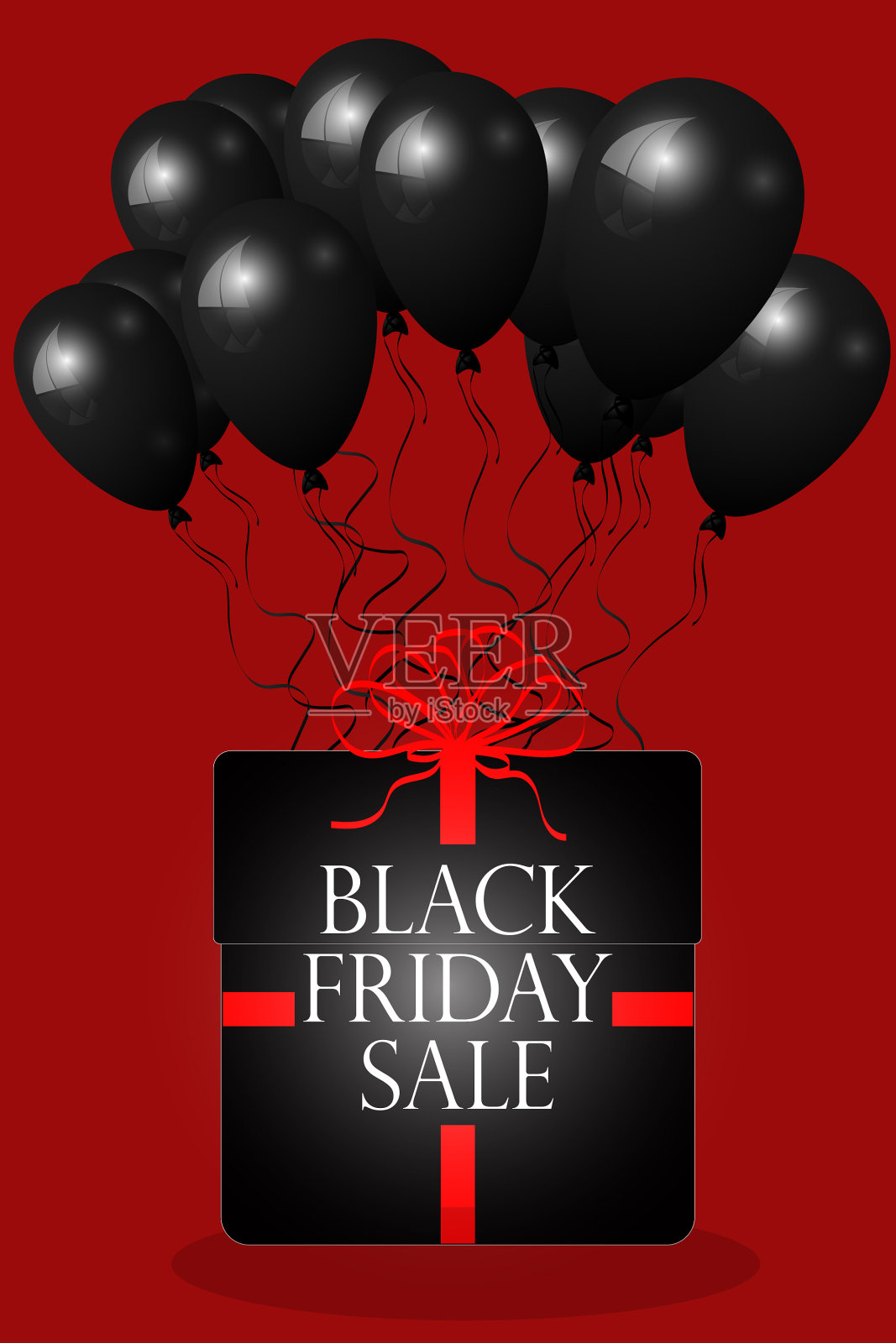 黑色星期五销售海报与闪亮的黑色气球在白色和红色背景矢量插图。插画图片素材