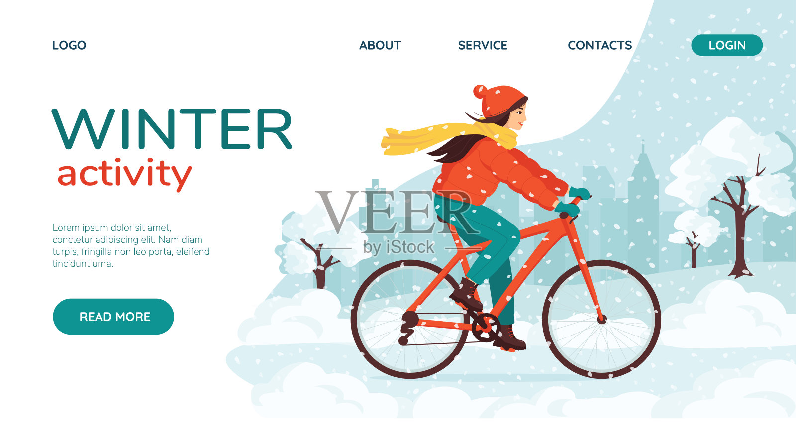 年轻快乐的女人骑着自行车在冬天下雪的城市公园。着陆页的概念。环保的交通工具,汽车。寒冷季节的户外活动，健康的生活方式。矢量图插画图片素材