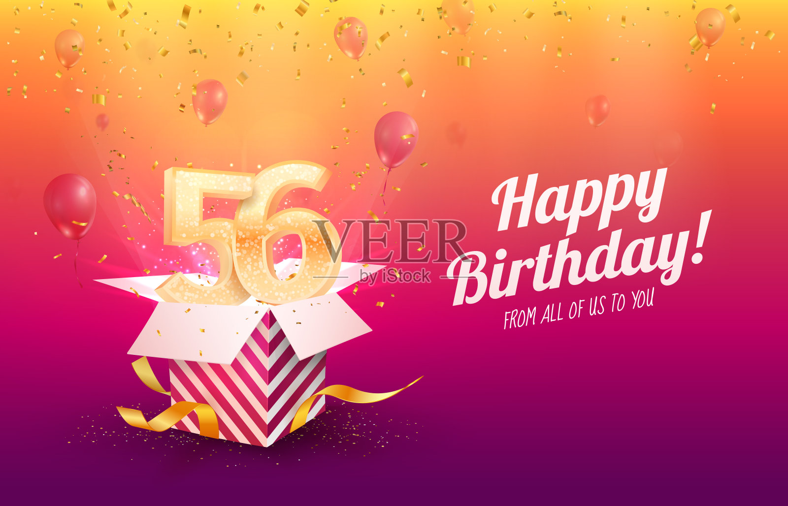 庆祝56岁生日矢量插图。56周年庆典背景。成人出生一天。打开装有飞行假日号码的礼品盒设计模板素材