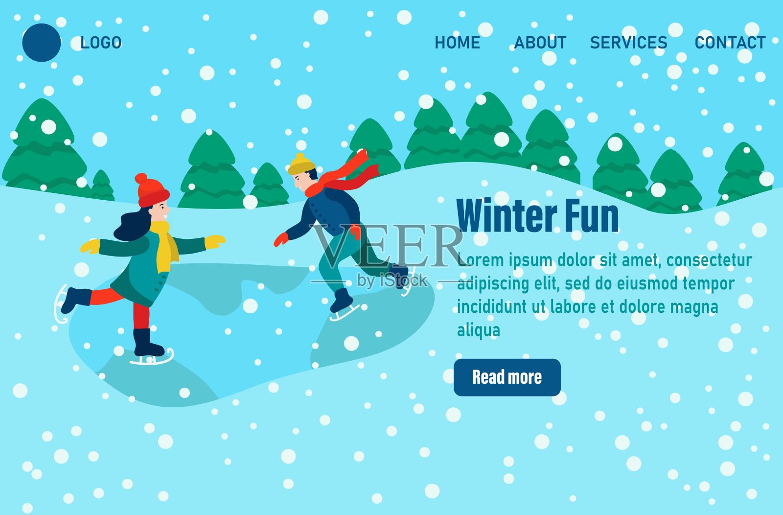 冬季乐趣登陆页面模板。孩子们穿着冬装或外衣表演户外活动，其乐无穷。冰雪节或滑冰。平面向量插图设计模板素材