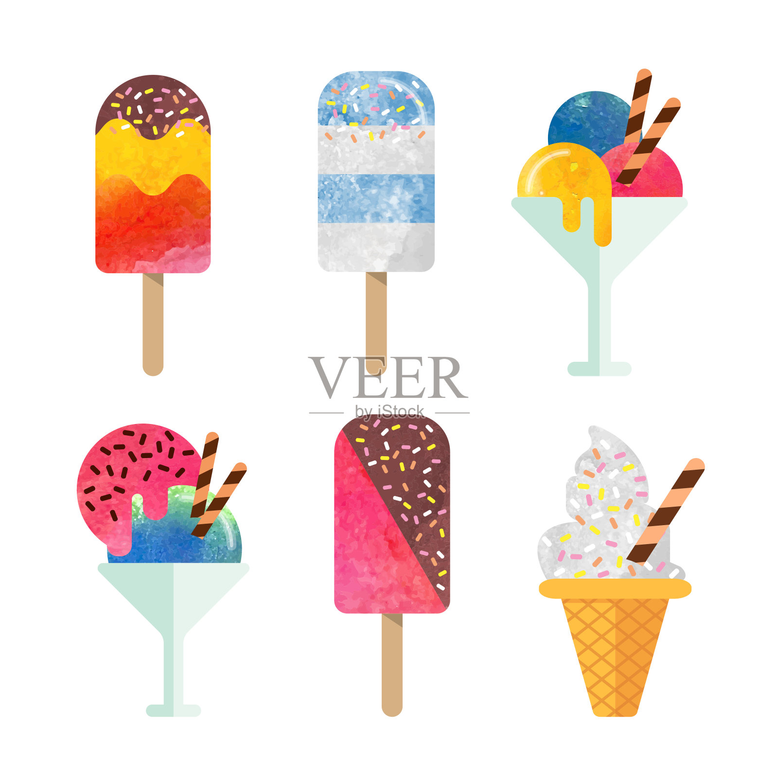彩色水彩美味甜点甜食冰棒收藏插画图片素材