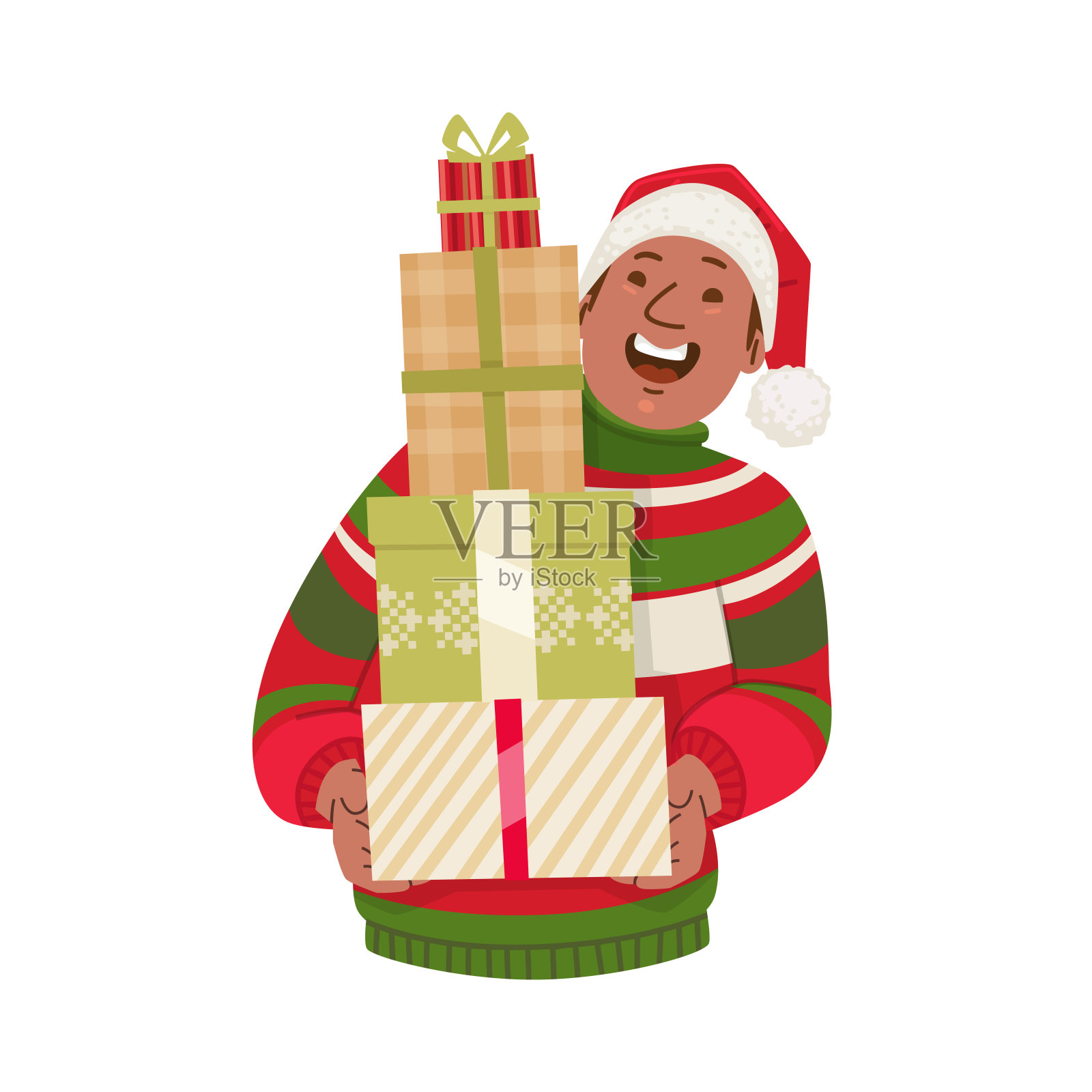 快乐的非裔美国人穿着丑陋的毛衣拿着圣诞礼物。矢量插图在平面风格插画图片素材