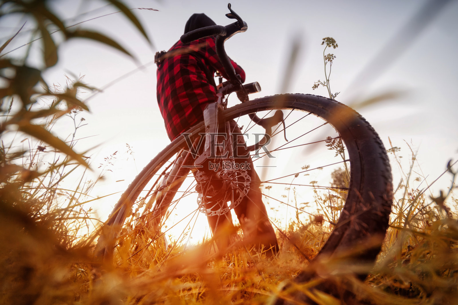 在田野里骑着自行车的人。一个骑自行车的人在日出时坐在草地上的广角视野。积极的生活方式的概念。照片摄影图片