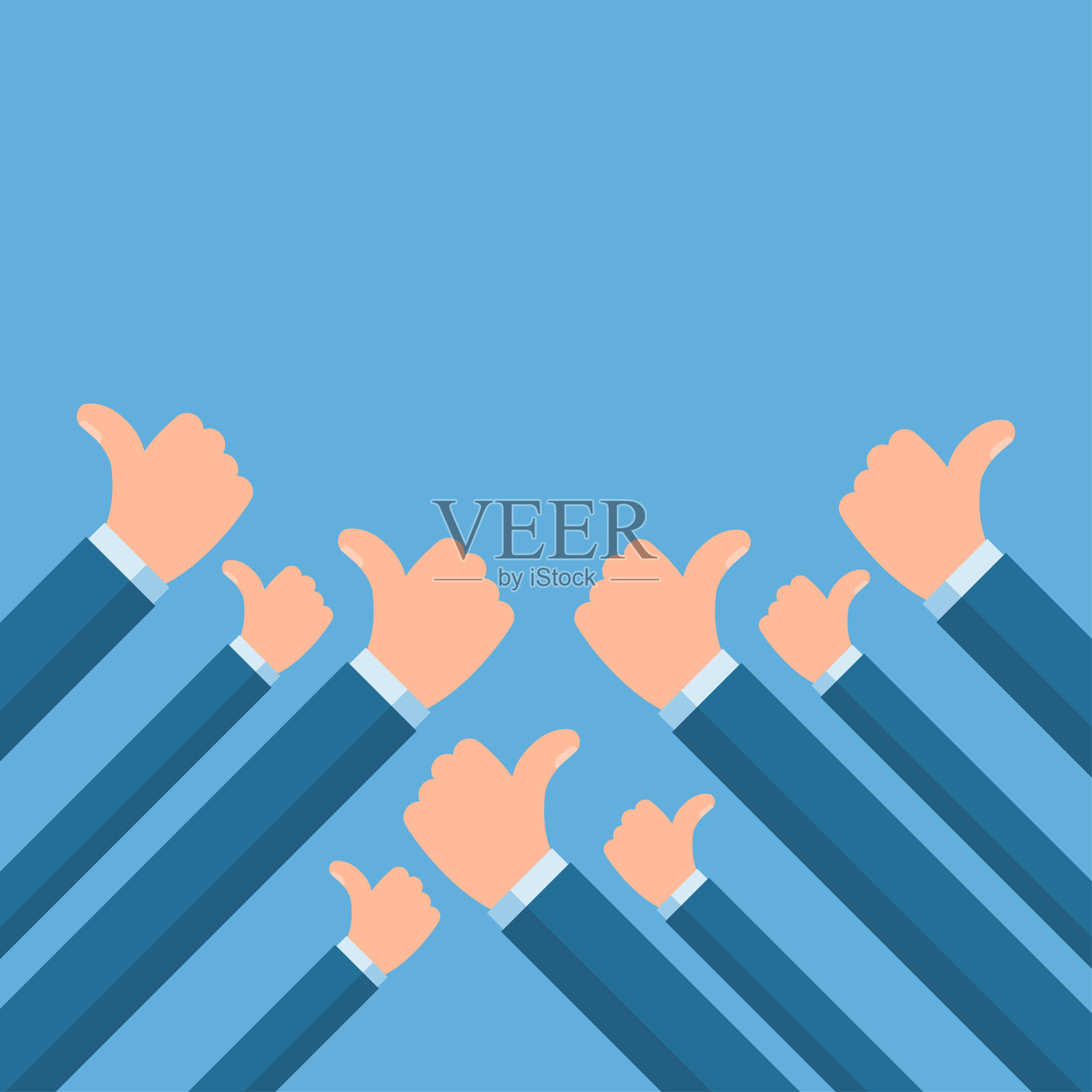 人们竖起许多大拇指。社交网络喜欢、认可、客户反馈的概念。插画图片素材