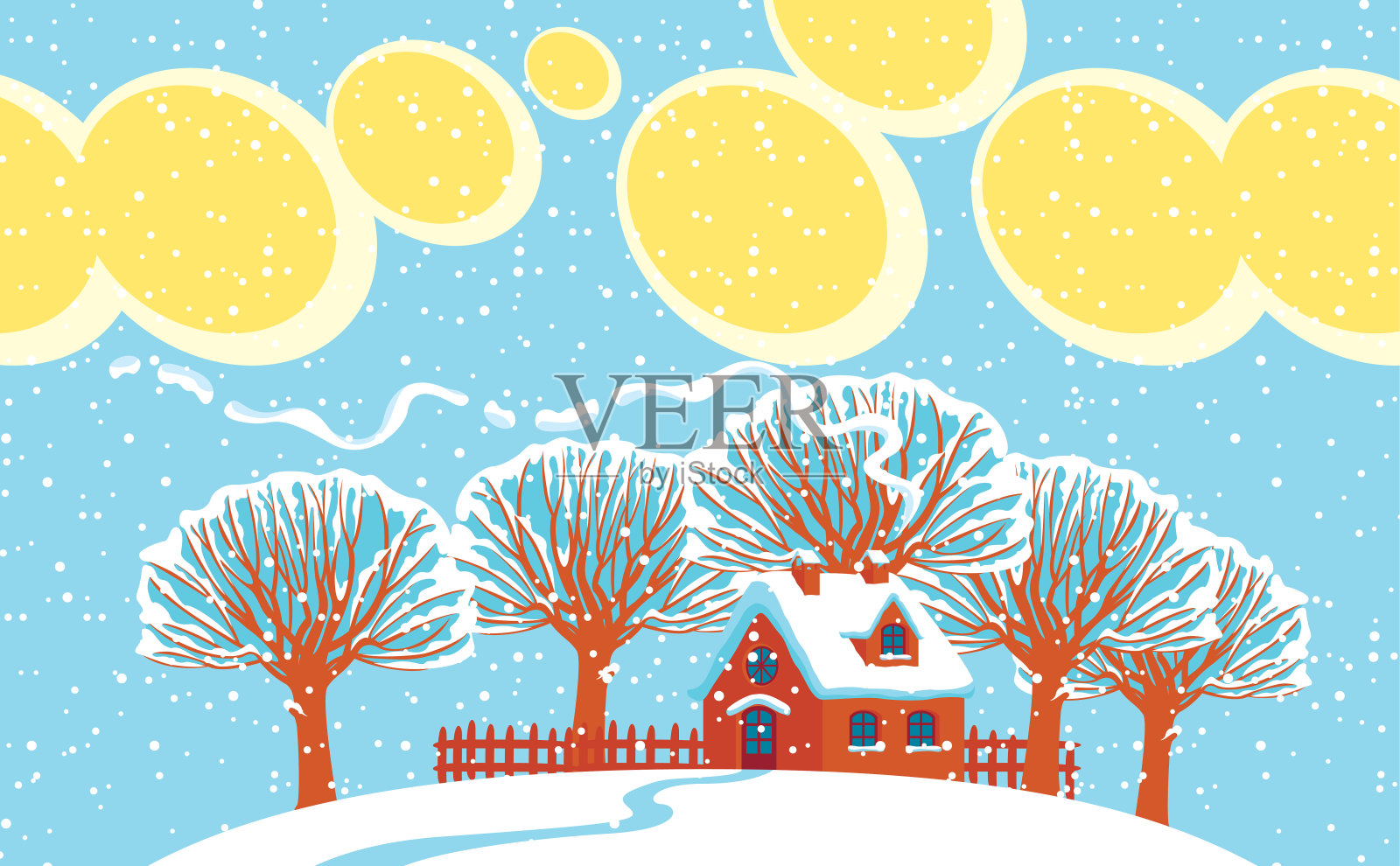 冬天的风景和被雪覆盖的房子和树木插画图片素材