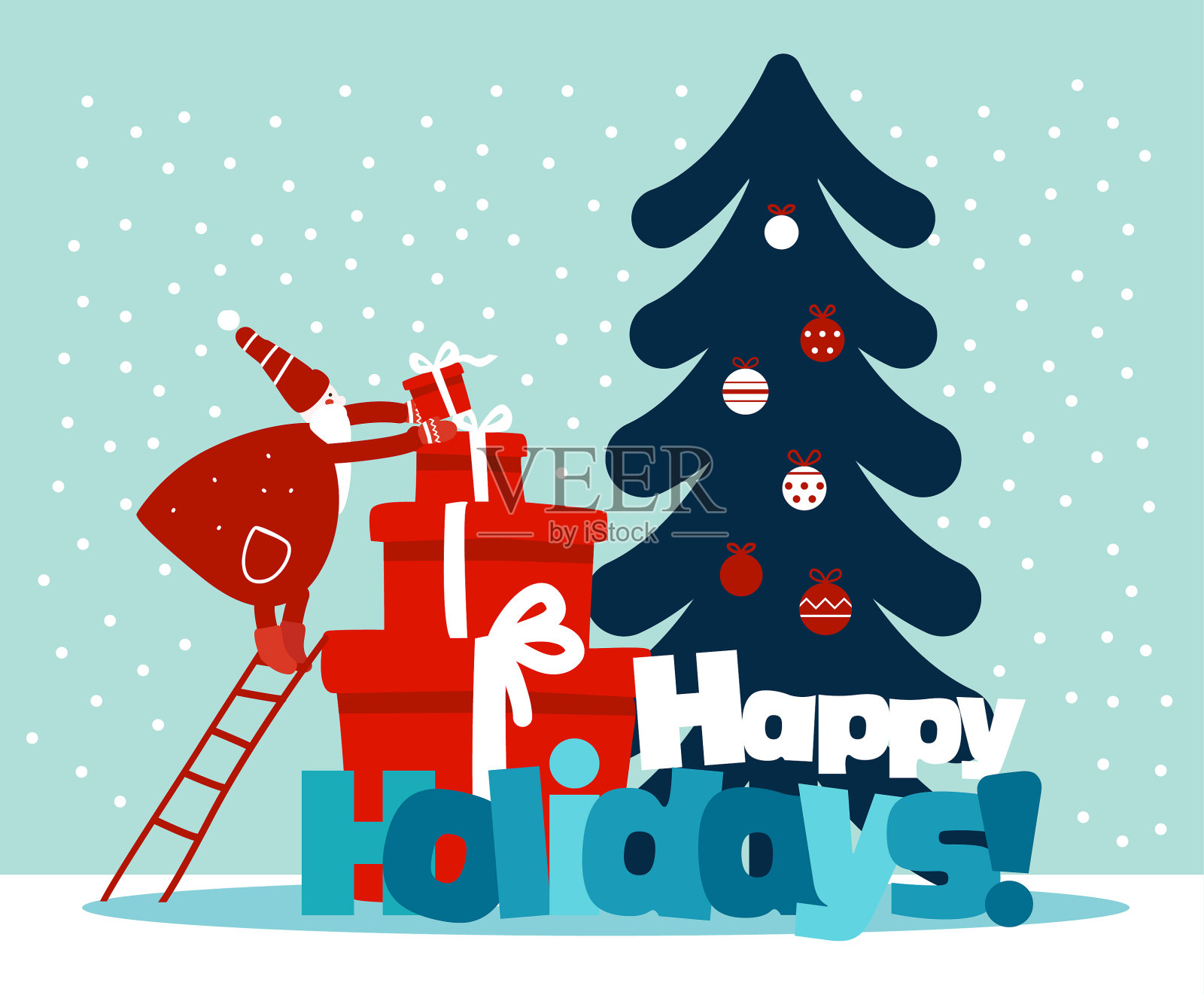 滑稽的圣诞老人拿着礼物上楼了。可爱的圣诞和新年矢量插图与礼物和圣诞树装饰与节日玩具。有趣的寒假背景和卡片设计模板素材