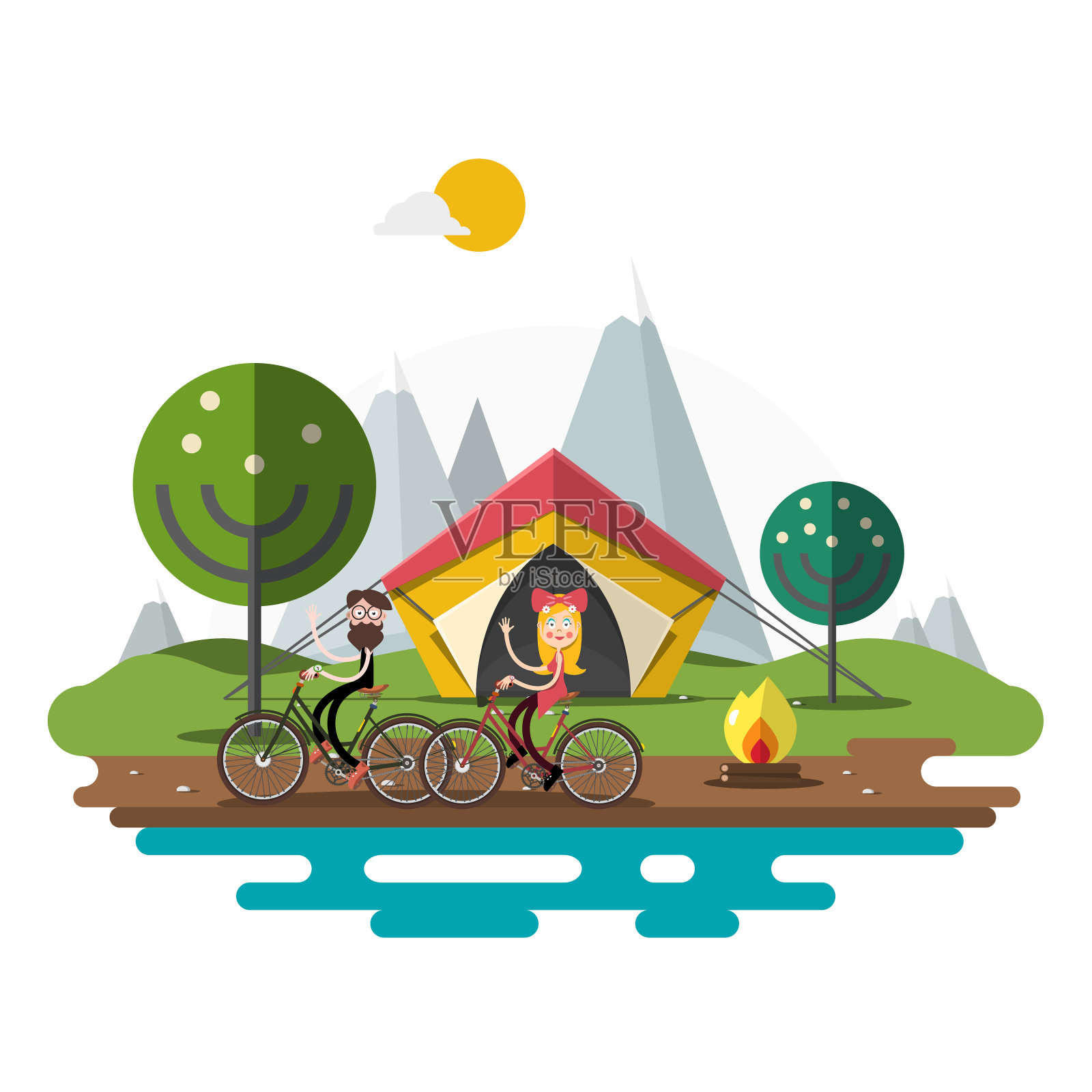 骑自行车的男人和女人，用帐篷挥手插画图片素材