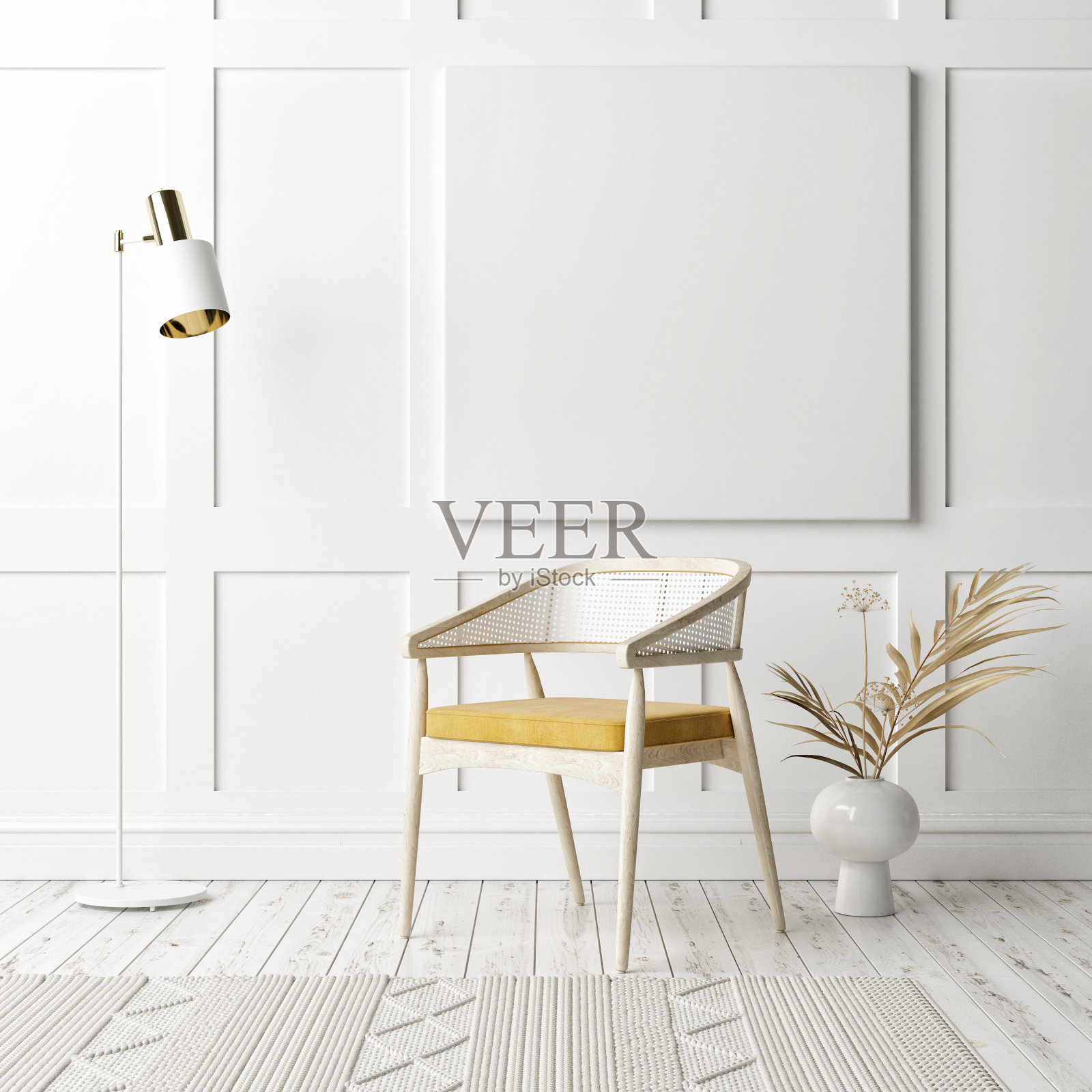 原型海报在斯堪的纳维亚风格与家庭装饰。白色背景木墙。照片摄影图片