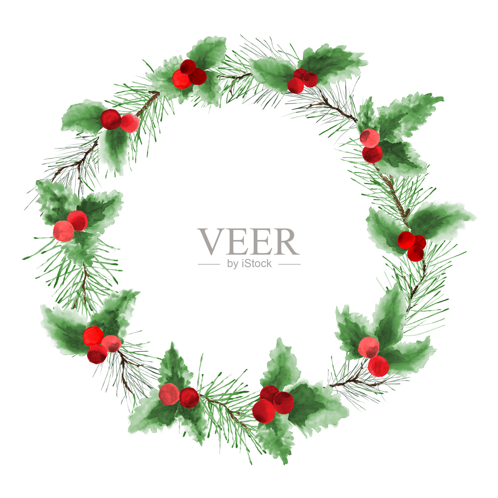 圣诞花环水彩与松树枝和红浆果设计元素图片