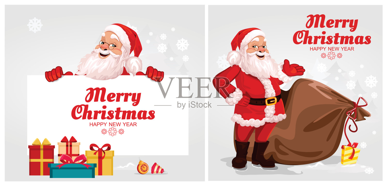 一套明信片。快乐的圣诞老人和圣诞树后面站着一个大横幅，招牌，广告横幅设计模板素材