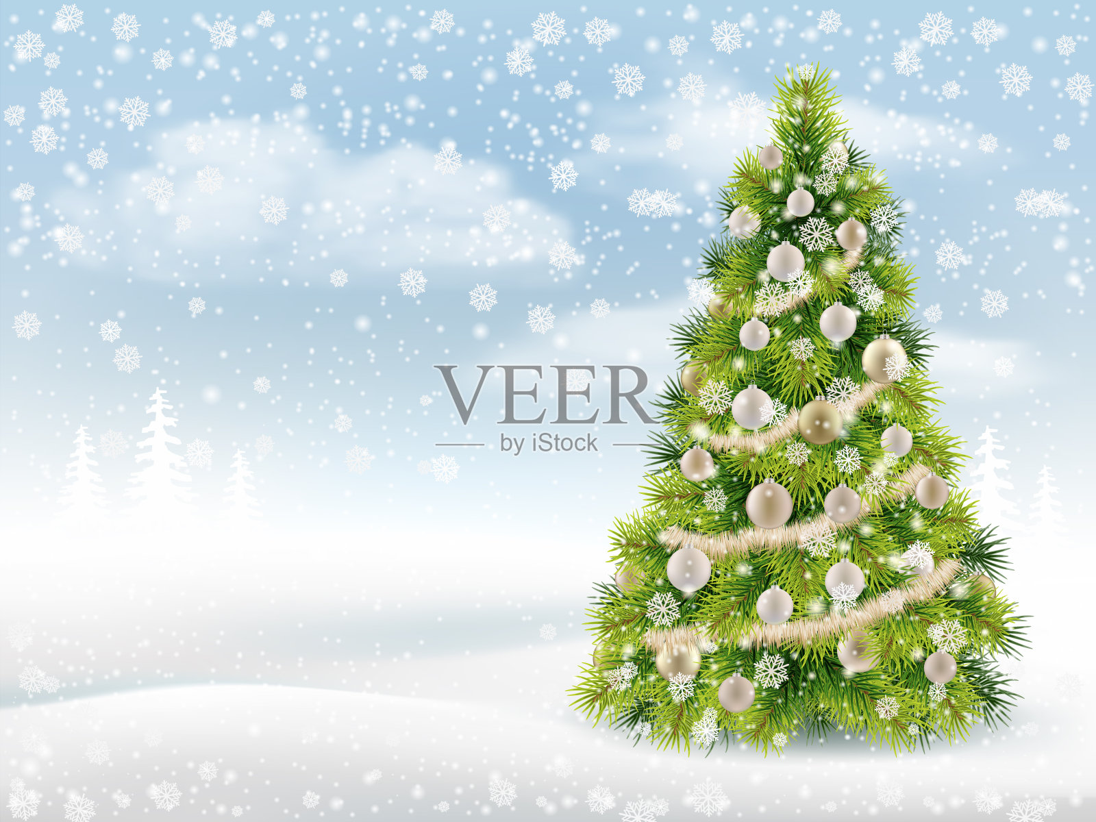 圣诞树的背景是冬天的风景。插画图片素材