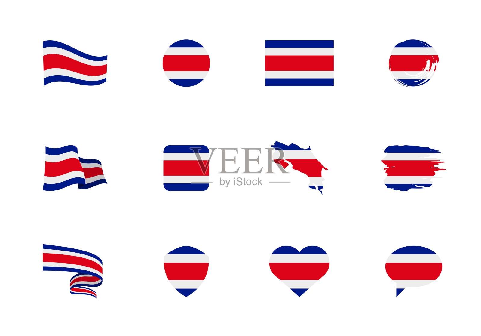 哥斯达黎加国旗平收藏。十二种不同形状的旗帜。插画图片素材