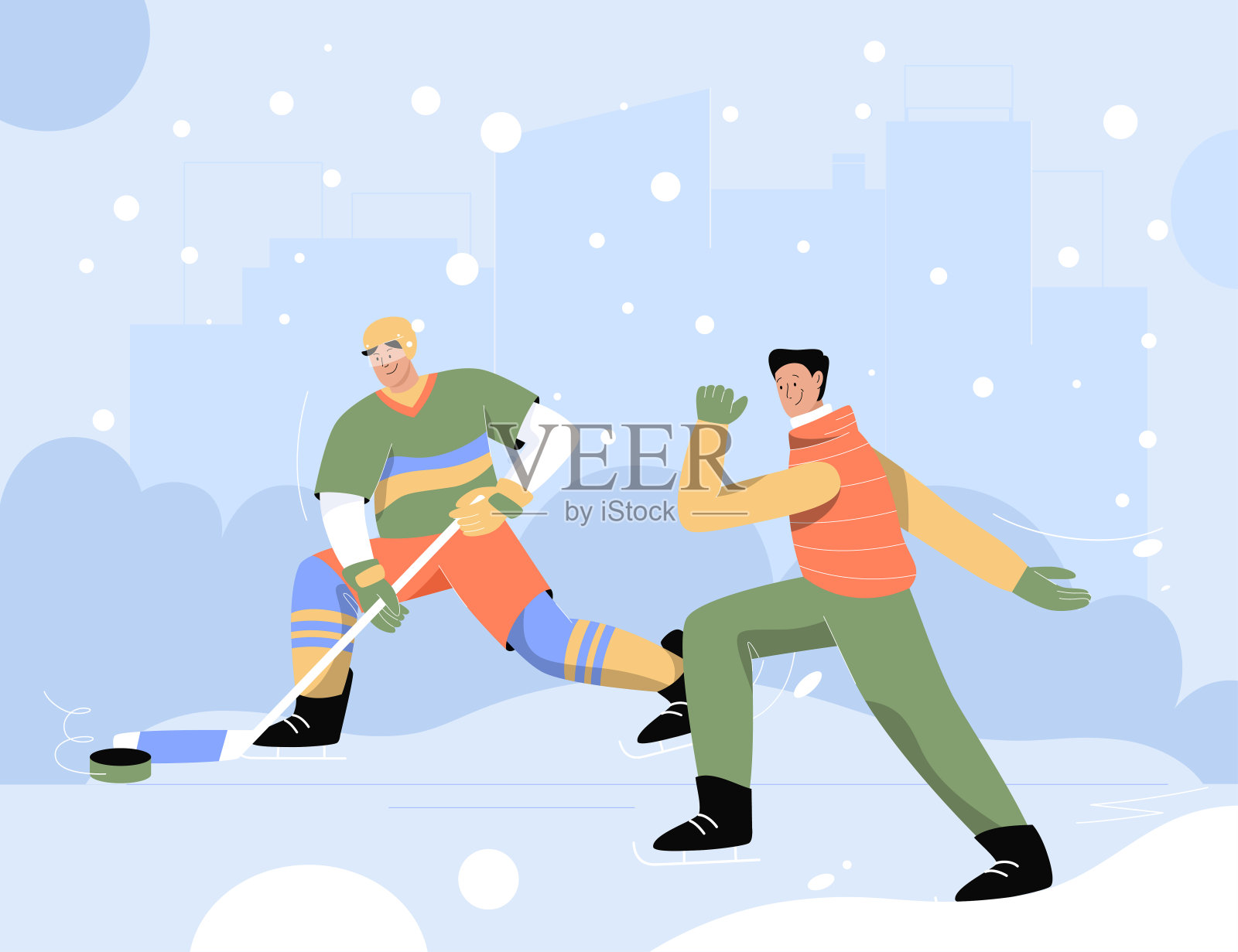男人做冬季运动，打曲棍球和骑滑冰插画图片素材