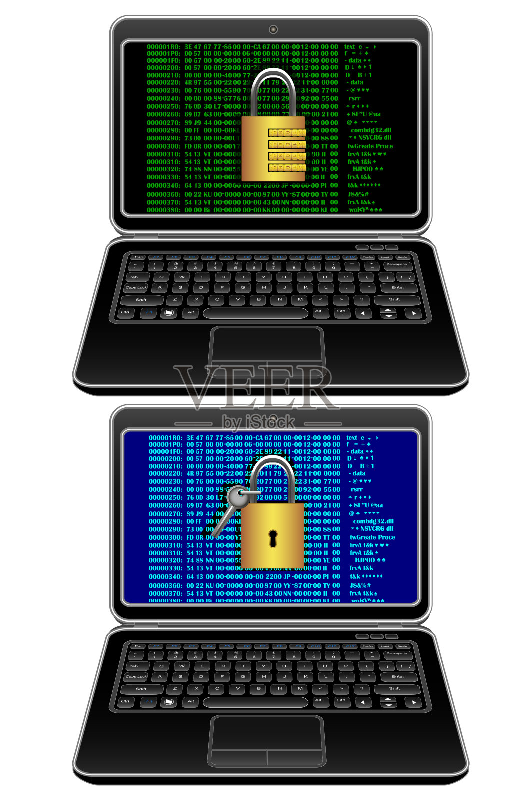 锁定的笔记本电脑屏幕，IT安全图标，隔离插画图片素材