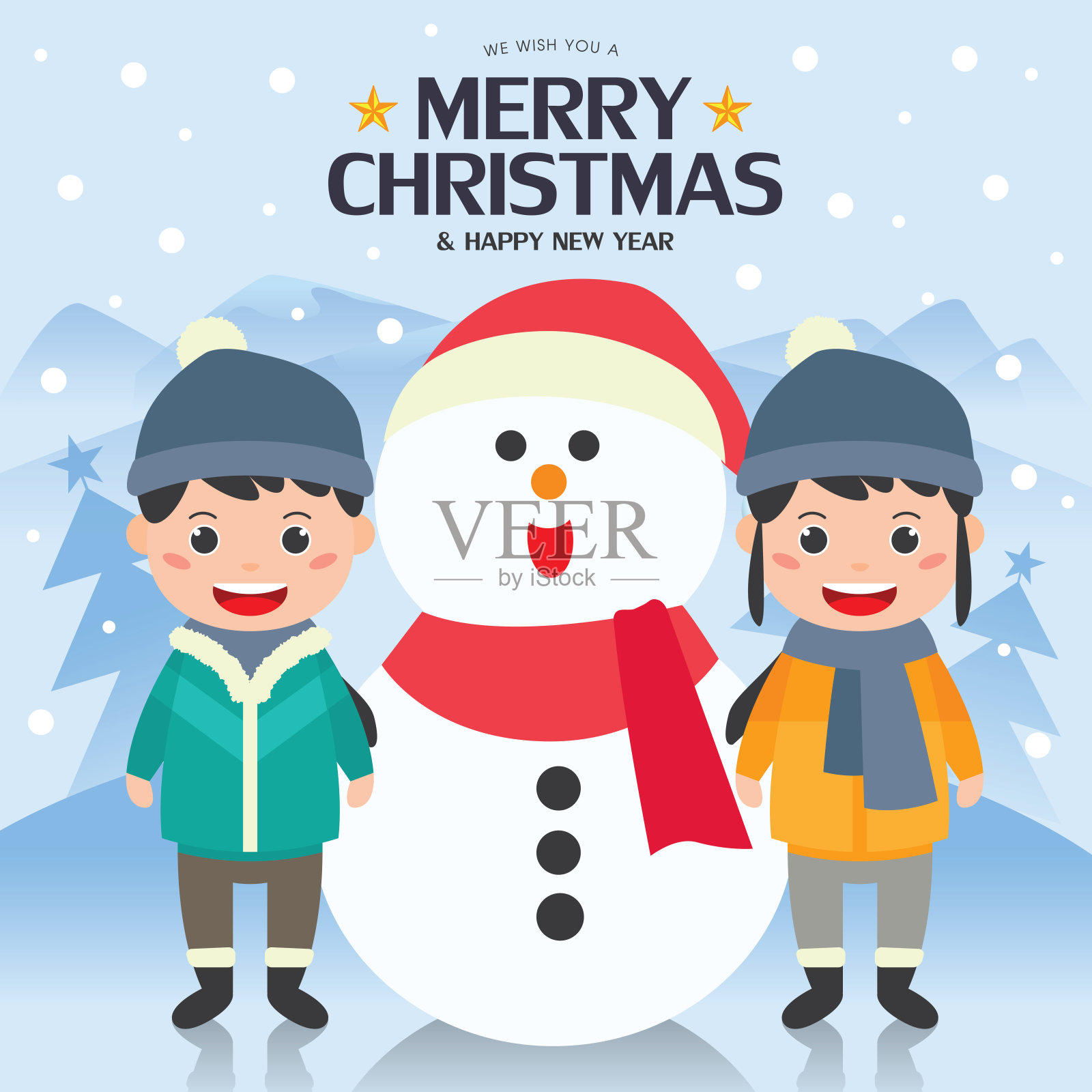 圣诞贺卡插图与快乐的小朋友穿着冬装在户外堆雪人。插画图片素材