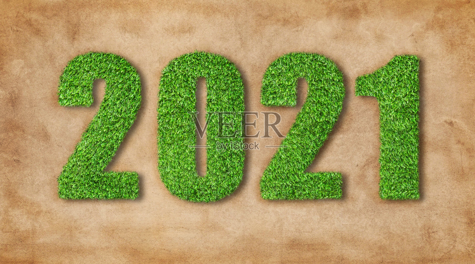人工草在2021年文字生长在棕色的地面上。照片摄影图片