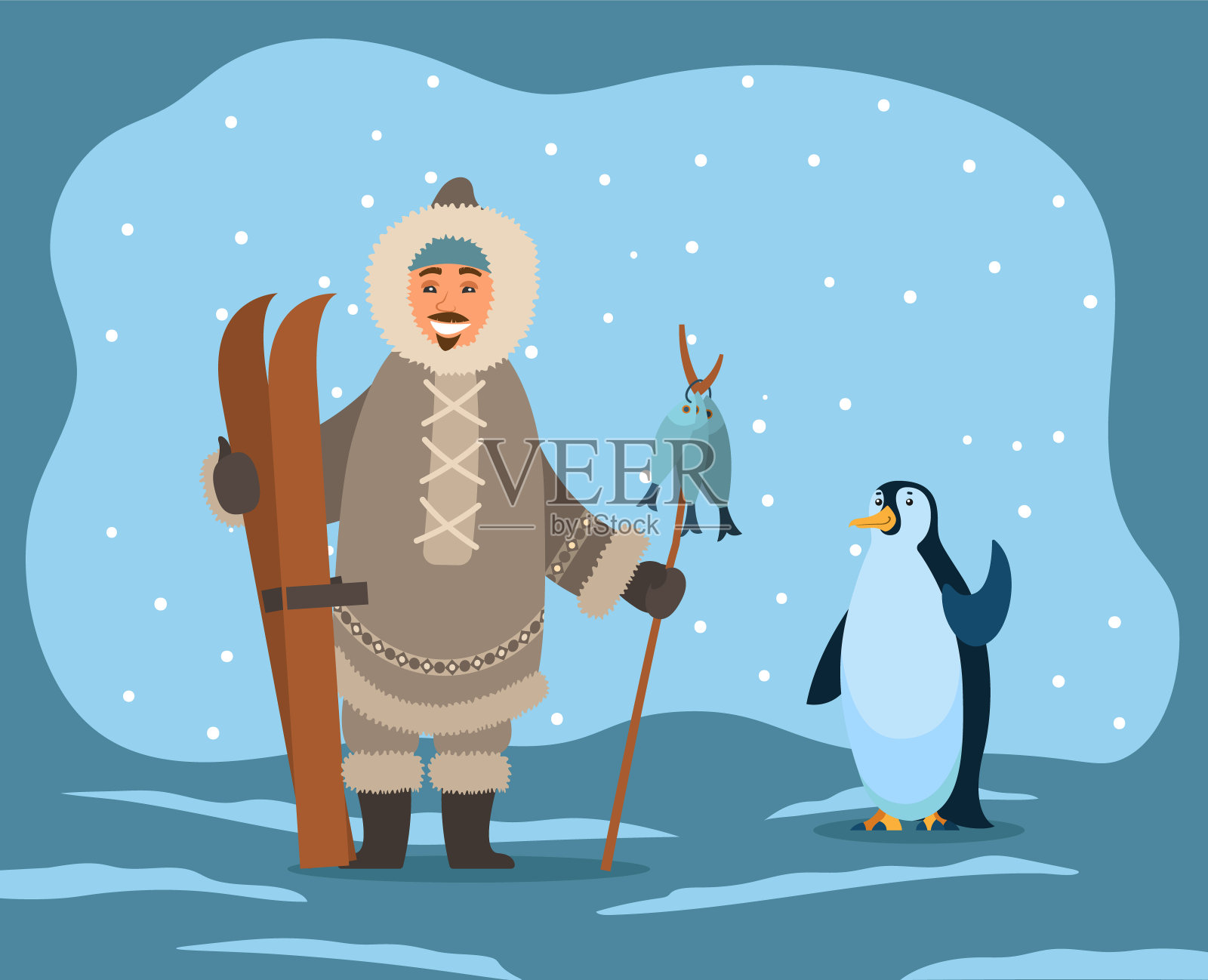爱斯基摩人与狩猎鱼和极地企鹅动物插画图片素材